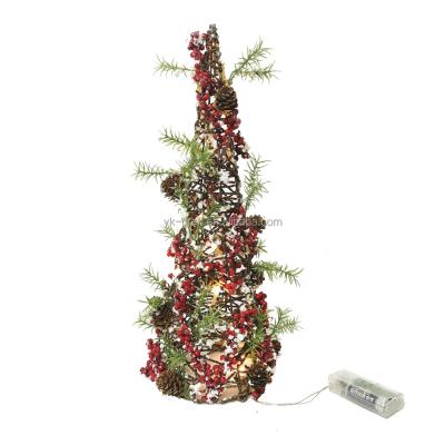 China Good Quality Christmas Led Christmas Light Pagoda Shape Table Decor Wicker Garlands With Red Berry Decor Straw Rope Pagoda With Battery for sale