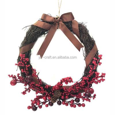 China Bulk Christmas Door Decoration 38cm Handmade Artificial Garland Rattan Berry Christmas Garland Circle Wreath Red with Ribbon Bowknot Decor for sale