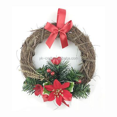 China Good Quality Christmas Ornament Rattan Artificial Red Poinsettia Christmas Garland Hanging Cane With Red Ribbon Bowknot for sale