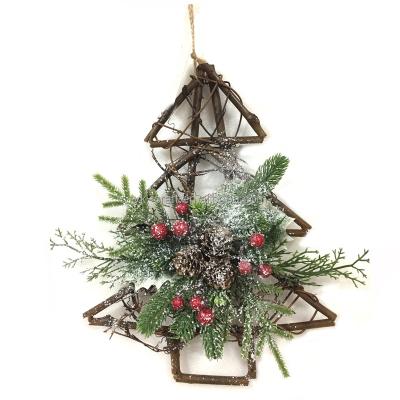 China Wholesale Christmas Items Hot Sale Rattan Wreath Tree Shaped Door And Window Decoration Hanging Wreath With Green Leaf And Red Berry for sale