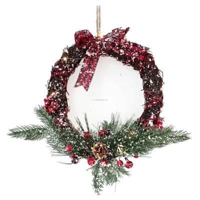 China Handmade Artificial Light Garland With Warmly LED Hanging Decor Ring With Plaid Bowknot Christmas Rattan Garland Decor With Snow for sale