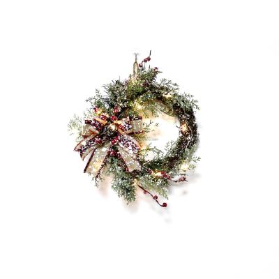 China Wholesale Christmas Wreaths With Lights Led Hanging Garland With Red Berries Outdoor Decor Artificial Wicker Rattan Wreaths for sale