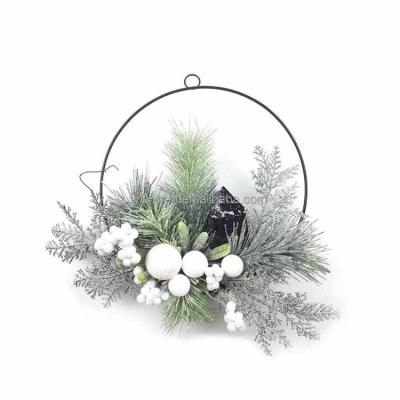 China Artificial Christmas Garland Metal Round Door Hanging Decoration Mixed Color Berry Pine Cone Line Christmas Garland Green and White for sale