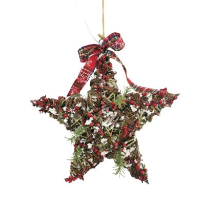 China 2022 Christmas Iron Willow Star Garland Door Wall Hanging Decoration Berry Garland Christmas Garland Ornament With Led Filament for sale