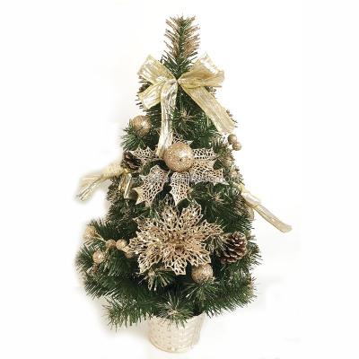 China Christmas Pineneedle Stand Up Flower Outdoor Plastic Bowknot Decor Champagne Gold Glitter Tree PVC Christmas Table Potted Small Tree for sale