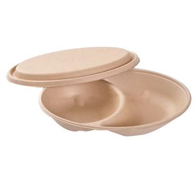 China Disposable Dinner Dishes Oval 2 Compartments Eco - Friendly Disposable Food Box With Lid for sale