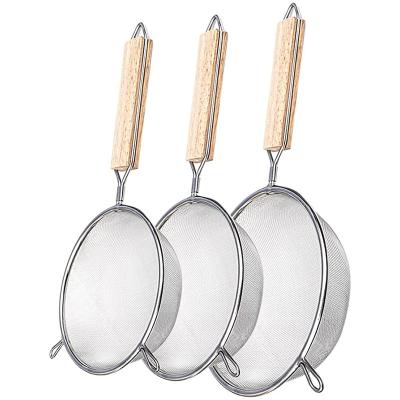 China Multifunctional Viable Logo Fine Mesh Strainers With Customized Wood Handles 3pcs Set For Kitchen Accessories Instrument Cookware for sale