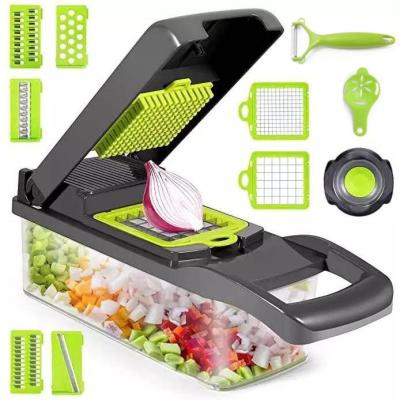 China Viable High Quality Home Kitchen Veggie Instrument Multi Functional 12 in 1 Veget Slicer Cutter with Container Hand Press Vegetable Cleaver for sale