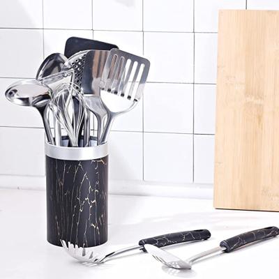 China Viable Luxury Custom Black Marble Printing Handle Stainless Steel Kitchen Utensils Set With Turner Tongs Spatula Spoon Cooking Tool. for sale