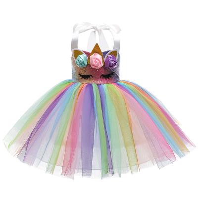 China Sleeveless princess dress Costume Evening Formal Wedding Rainbow Unicorn Cosplay Dress For Children Kids Girls Anti-wrinkle and birthday party for sale