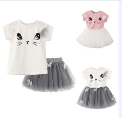 China 2021 QUICK DRY new girl's princess lightly print cute big eyes cotton shorts sleeve blouse and net gauze skirt set for sale