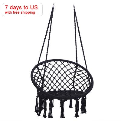 China Modern Indoor Outdoor Garden Hanging Black Macrame Cotton Rope Swing Hammock Chair for sale