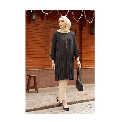 China Polyester 2022 Wholesale Solid Pleated Muslim Abaya Fabric Fashion Muslim Top Long Sleeve Women Tops Product for sale