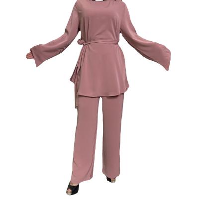 China Elegant Polyester Women Suits Top And Pants Muslim Women 2pcs Dress Turkish Dubai Abaya Islamic Clothing Set for sale