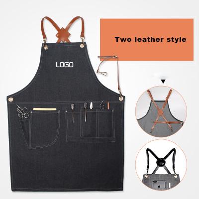 China Eco-friendly restaurant apron cafe denim canvas apron men and women denim leather apron with leather straps for sale