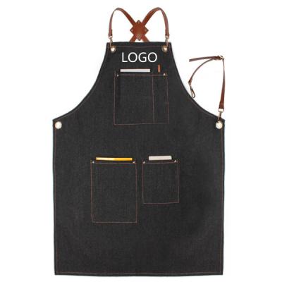 China Eco-Friendly Mens Cafe Bar Bartender Work Denim Black Leather Aprons For Shop Work for sale