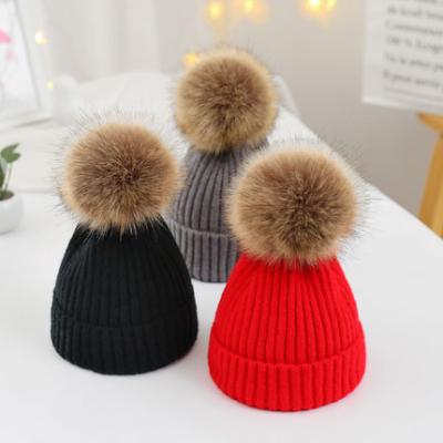 China Winter Real Raccoon Fur Beanie Children's Beanie Hat Crocheted Hat Pom Poms COMMON Hat Women's Beanie Hat for sale