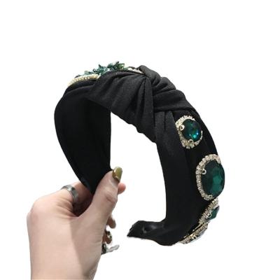 China Fashionable Emerald Rhinestones Headband Knitting Cross Hair Band Bow Women's Headdress Factory Wholesale for sale