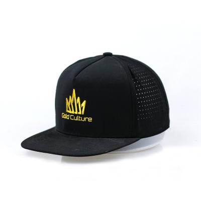 China Custom 5 Panel Waterproof OEM Polyester Embroidery Luxury Quick Dry Black Laser Cut Drilled Hole Snapback Hat Waterproof Baseball Cap for sale