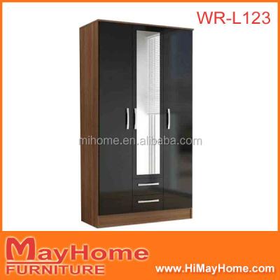 China Black 3doors 3 Doors Wooden Bedroom Wardrobe Wardrobe With Mirror for sale