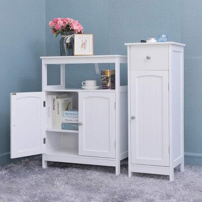 China Waterproof Chic White Wooden Freestanding Floor Cabinet Bathroom Kitchen Storage Cabinet With Double Doors for sale