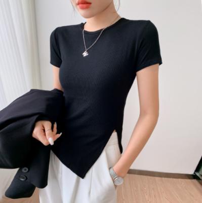 China QUICK DRY irregular T-shirt women spring summer 2022 new short-sleeve design split slim top for sale