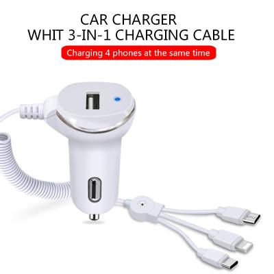 China 4 USB PORT CAR CHARGER USB+TYPE-C+LIGHTING PORT WITH SPRING CABLE for sale