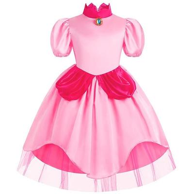 China Breathable Children's Peach Princess Dress Wholesale Halloween Peach Performance Costume Super Mario Peach Cosplay for sale