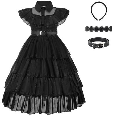 China Breathable Wholesale Reflective Yarn Black Wednesday Addams Dress Girls Halloween Costume Cosplay Party Luxury Dress with Accessories 2-14T for sale