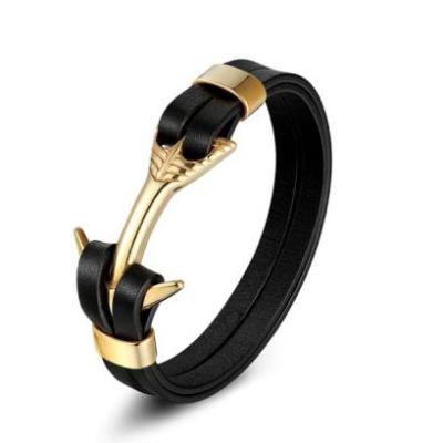 China Fast Delivery Hot Selling Stainless Steel Anchor Hook Genuine Leather Bracelet & Bangles For Men Jewelry for sale