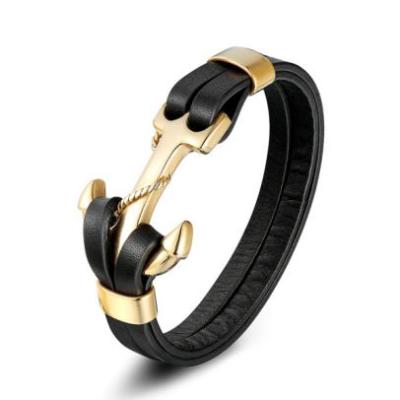 China Fast Delivery Fashion Hot Selling Stainless Steel Anchor Hook Genuine Leather Bracelet & Bangles For Men Jewelry for sale