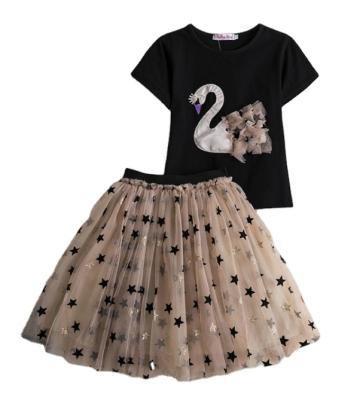 China 2021 Summer Swan Print Children's Sleeve Girl Casual Short Net Yarn Puffy Dress for sale