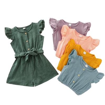 China Breathable summer color pure cotton and fly sleeve canvas kids design overalls for girls for sale