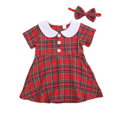 China Regular Fashion Red Plaid Printing Short Sleeve Doll Collar Christmas Baby Dress for sale