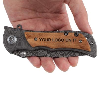 China Amazon Eco-friendly Hot Selling Custom Engraved Olive Wood Handle Outdoor Camping Folding Pocket Knife for sale