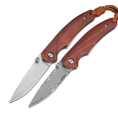 China L-043 Pocket Damascus Knife Outdoor Wooden Handle Army Stocked Camping Hunting Knives for sale