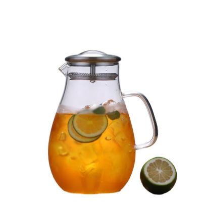 China 2L Sustainable Glass Water Jar With Stainless Steel Lid Carafe With Comfortable Long Handle Glass Water Jug for sale