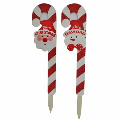 China Garden Decoration Christmas Stick Signs With Hardware Stake Cane Stick Garden Yard Signs Wooden Christmas Glitter for sale