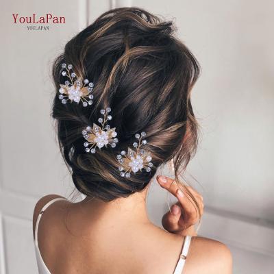 China YouLaPan HP133 Classic Elegant Ladies Feast Pearl and Alloy Leaf Rhinestone Hair Fork Wedding Hair Accessories Bridal Hair Clip for sale