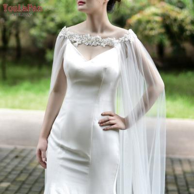 China YouLaPan VG26 White Wedding Party And Bridal Long Lace Cloak With Pearl Gauze Cloak Of Bride Dress Accessories for sale