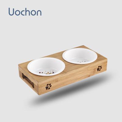 China Sustainable Pet Bowl Stainless Steel Cat Dishes Raised Pet Feeder Ceramic Dog Pet Bowls With Bamboo Stand for sale