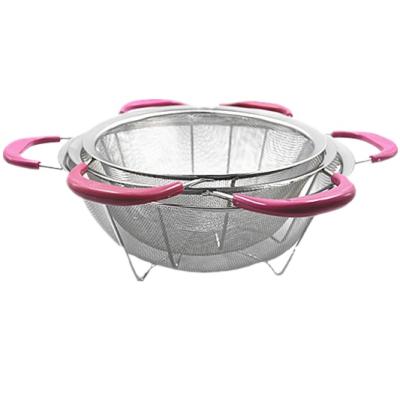 China 201 Sustainable Stainless Steel PP Handle Fruit Vegetables Plastic Double Wash Round Basket for sale