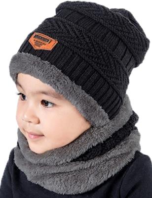 China 2Pcs Square Kids Winter Knitted Hats Scarf Set Warm Fleece Lining Hat For Boys Girls 5-14 Year Old for sale