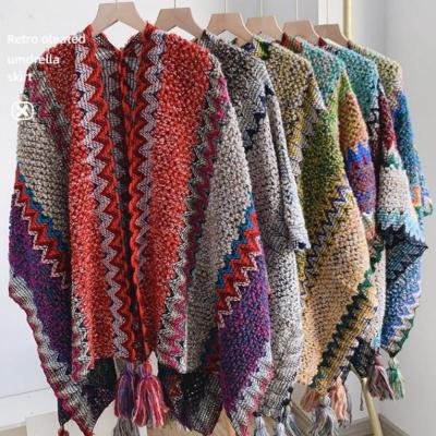 China Autumn Winter Bohemian Wxotic Retro Daily Wear Wave Pattern Tassel Windproof Shawl Women Yarn Loop Warm Scarves Soft Knit Cappa Hippie for sale