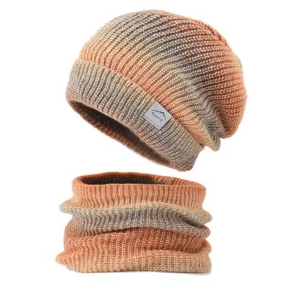 China Rainbow Gradient Colorful Soft Short Thicken Wool Ski Hat Women Warm Hats Neck Warm Winter Wool Hat Set Knitted Beanie Cap Scarf Set for sale