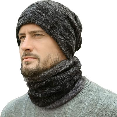 China Winter Beanie Hats Scarf Set Warm Short Men Knit Hats Skull Cap Neck Warmer With Thick Fleece Striped Winter Ski Hat And Scarf For Women for sale