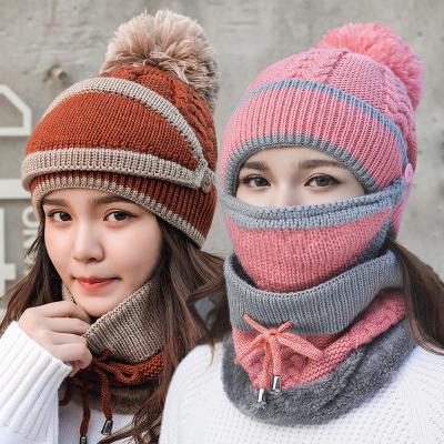 China 3pcs/Set Medium Fashion Women's Winter Knitted Hat Scarf Set Thickened Woolen With Warm Face Mask And Neck Scarf For Girls Ladies Skulli for sale