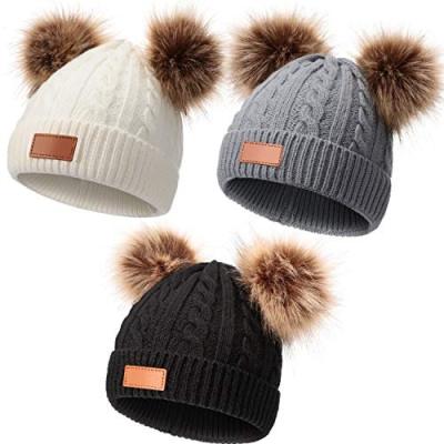 China High Quality COMMON Winter Warm Kids Knit Baby Knitted Beanie Earflaps With Pom Pom Hats For Boys Girls for sale