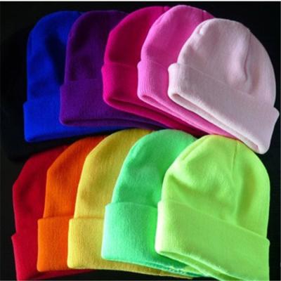 China Fluorescent Colorful Hats Beanie Hat Acrylic Warm Knitted Custom Made High Quality Fashion Winter Beanie Cap for sale