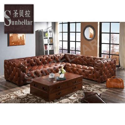 China Vintage Traditional Genuine Leather L Shape Sectional Sofa Living Room Corner Sofa Hotel Furniture Chesterfield Sofa Set for sale